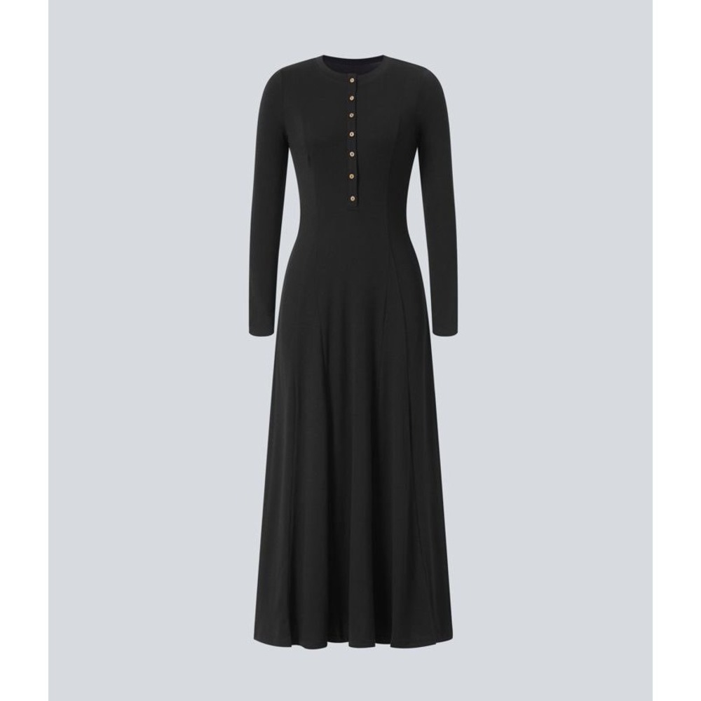 Halara | Henley Long Sleeve Flare Maxi Casual Dress - Black